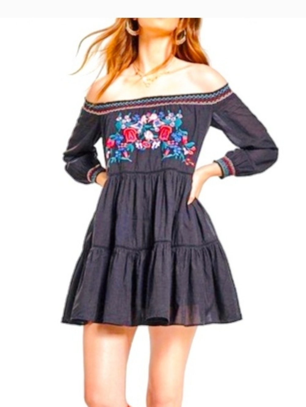 Free People Off-Shoulder Floral Embroidered Black Dress XS